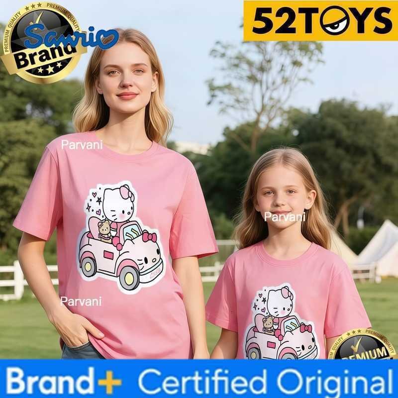 Sanrio 52TOYS Hello Kitty Pink Car Print Family T-shirts 2026 Summer 100 Cotton Casual Loose Parent-Child Y2k Tees Single Piece3Pcs H260302