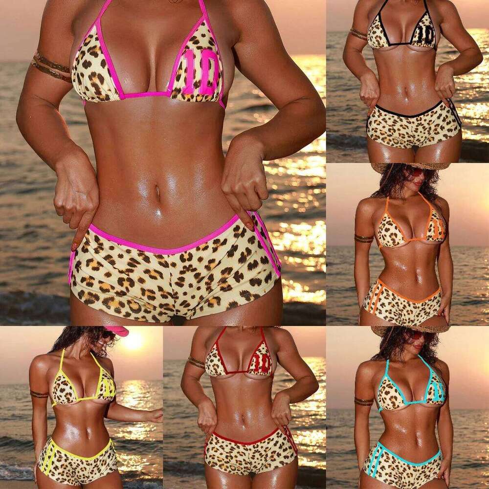 2026 Women's Trendy Color Block Halter Leopard Bikini Booty Shorts Set | European & American Sexy Swimwear Z260301