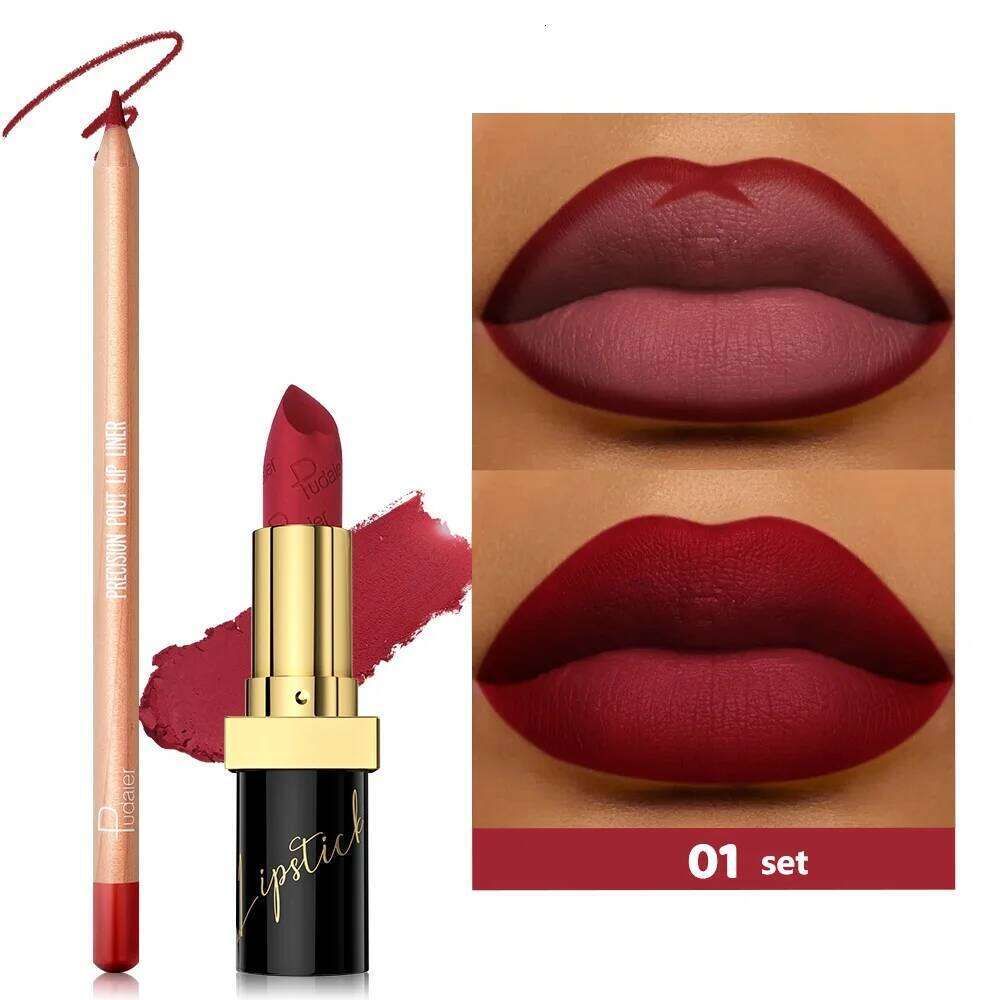 Pudaier 2pcs Matte Lipstick and Lip Liner Set - Waterproof, Sweat-proof, Long-lasting, Easy to Apply H260302