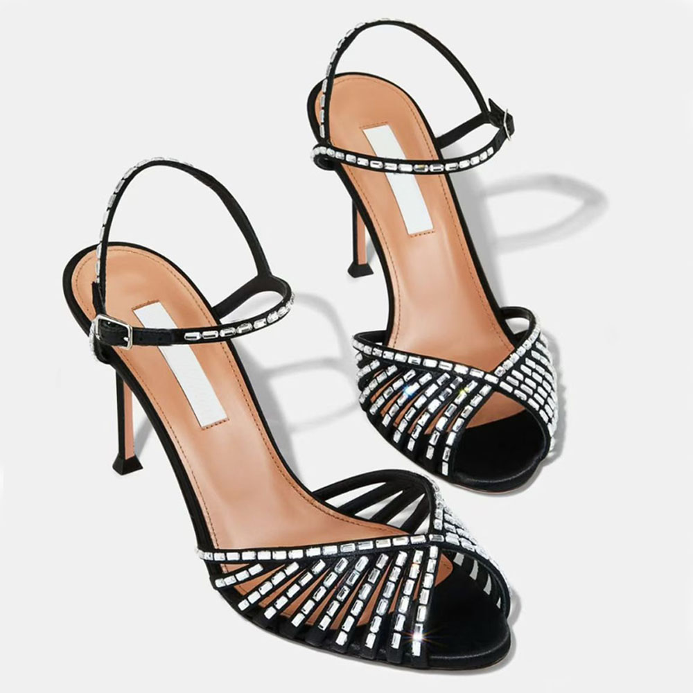 Top quality rhinestone Stiletto heel sandals 8.5cm high heels crystal Ankle strap open toes High heels womens Luxury designer fashion Style heeled shoes 34-42