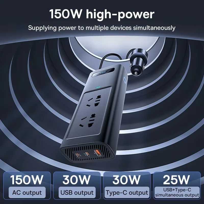 Baseus 150W Car Inverter DC 12V to AC 220V EU Auto Power Inversor USB Type C Fast Charger For Car Power Adapter Portable Light X260302