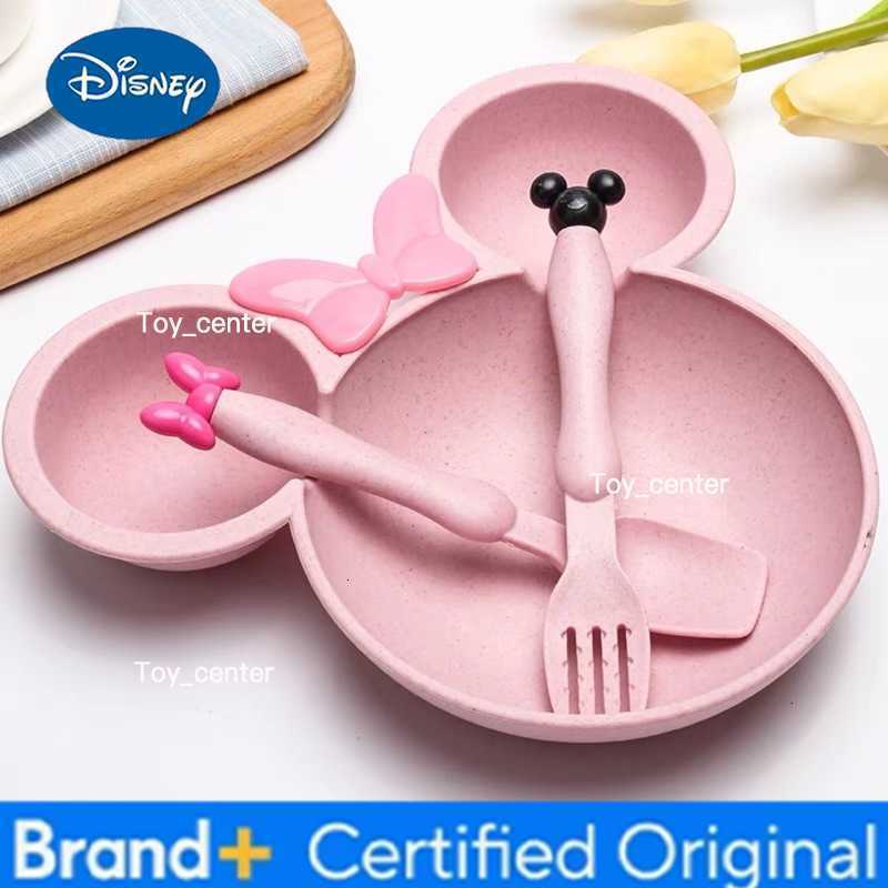 Disney 3Pcs/set Cartoon Baby Bowl Tableware Set Wheat Straw Childrens Dishes Kids Dinner Feeding Plate Bowknot Food Plate Spoon Fork H260302