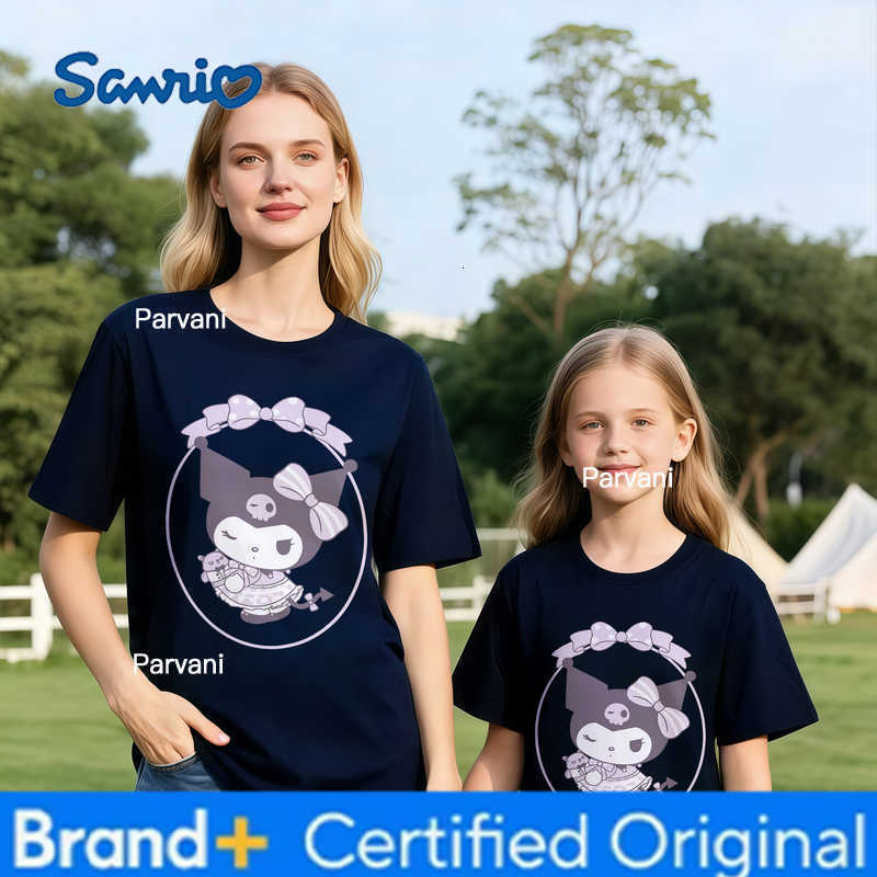 Sanrio 2026 Summer Kuromi Retro High-Quality 100 Cotton Mens T-shirt Oversized Cute Bow Wreath Print Top Unisex Family Matching H260302