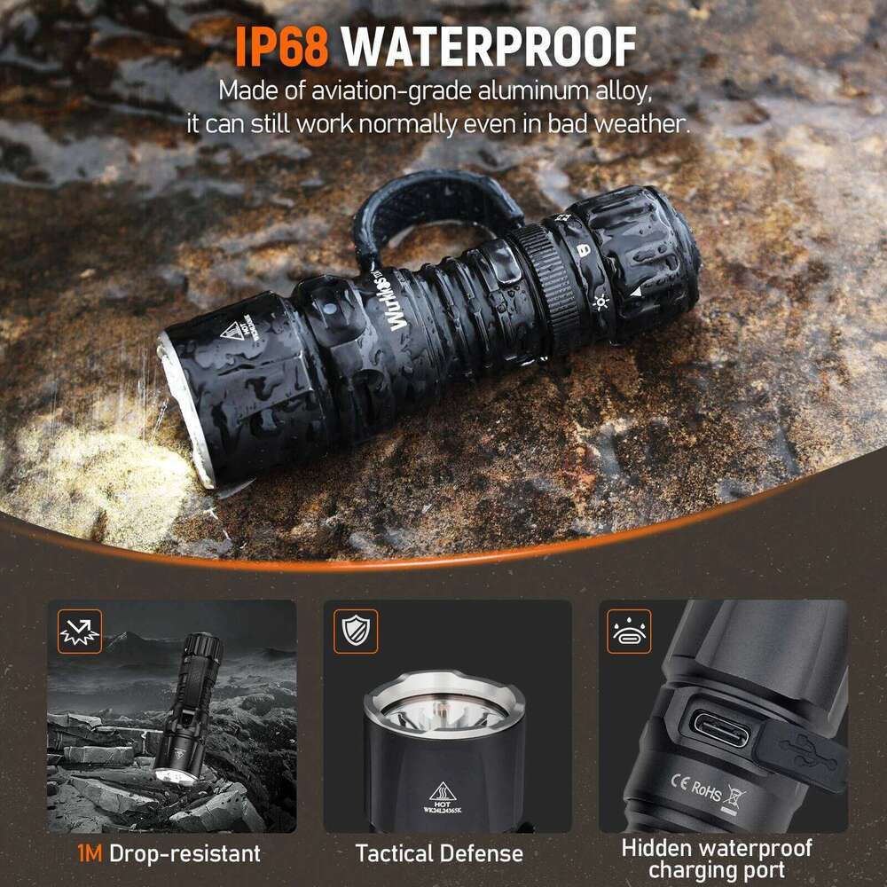 Wurkkos TD07 18350 Tactical Flashlight 1300LM 479M Long Range Rechargeable Lamp IP68 Mini Torch with Finger Ring Dual Switches Z260301