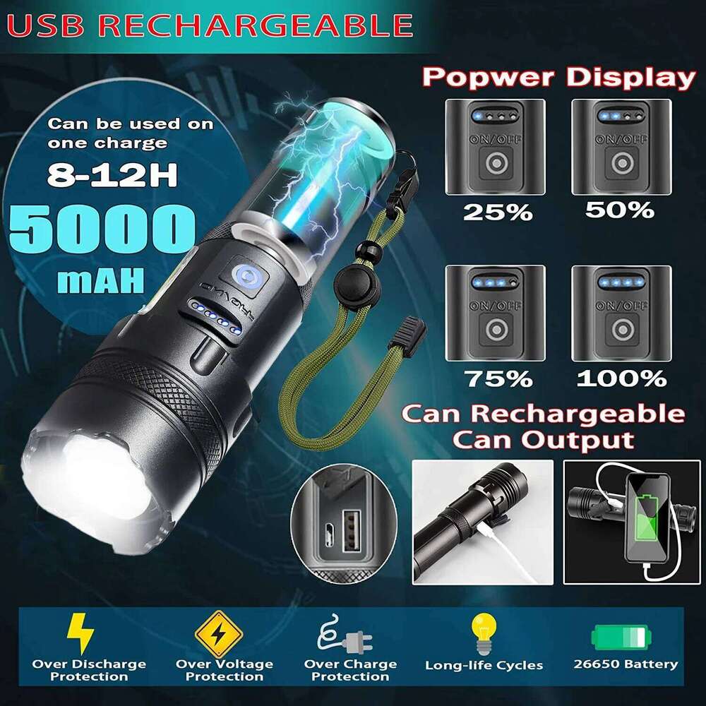 Most Powerful 100W Led Type-c Rechargeable Torch Built-in 5000 Battery Zoom Spotlight Flashlight Super Bright Lantren Z260301