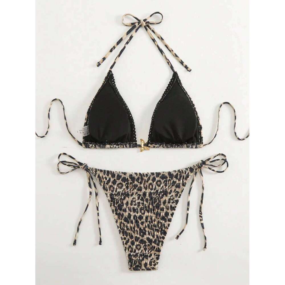 Summer fashion leopard print pleated metal jewelry halterneck string bikini set, suitable for vacations, festivals, beach Z260301