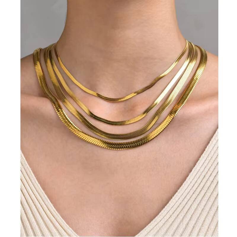 High End 18K PVD Gold Plated Herringbone Choker Necklace Snake Stainless Steel Necklace