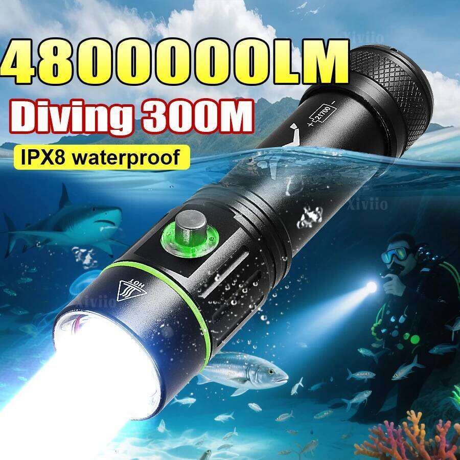 NEW 4800000LM Most Powerful Dive Torch Depth 300M Professional Flashlight Scuba Diving Lamp IPX8 Underwater Lantern Z260301