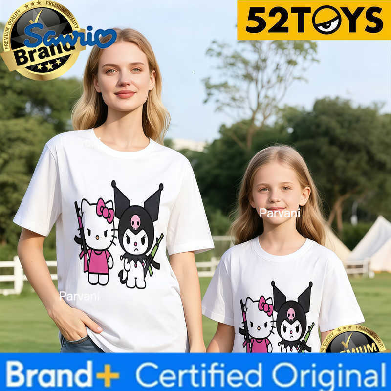 Sanrio 2026 Autumn-Winter Trending Hello Kitty X Kuromi Warrior Print 100 Cotton Parent-Child T-Shirts High Quality Loose Casual H260302