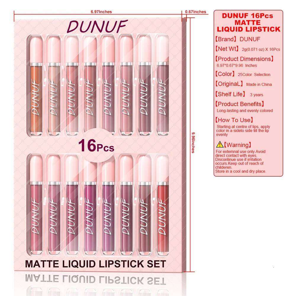 Matte Lip Gloss 16pc/set: Waterproof Lipstick Moisturizing Long Lasting Non-Stick Cup, Nude, Y2K Christmas Valentine's Day Gifts H260302