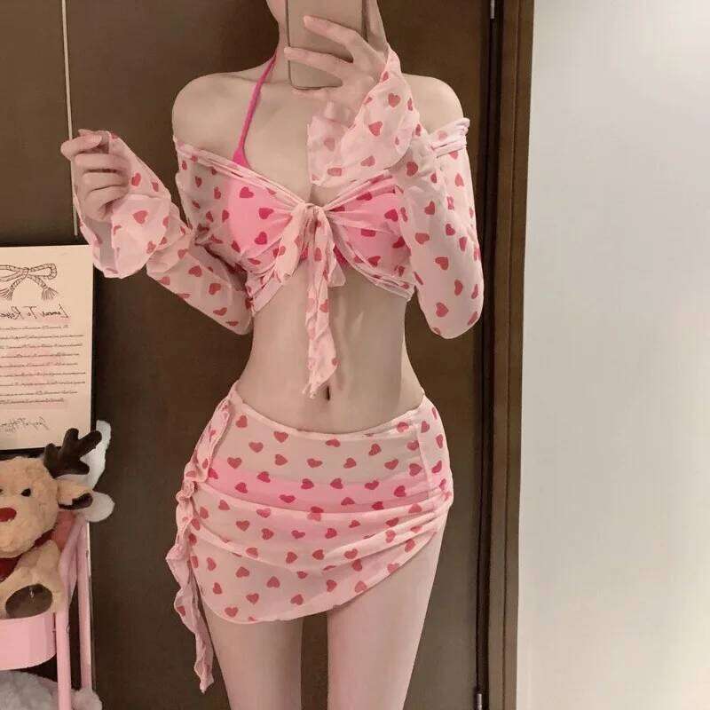New Sexy Heart Printed Bikini Set Women Swimsuit Chic Sweet Four-Piece High Waist Female Swimwear Vacation Bathing Beachwear Z260301