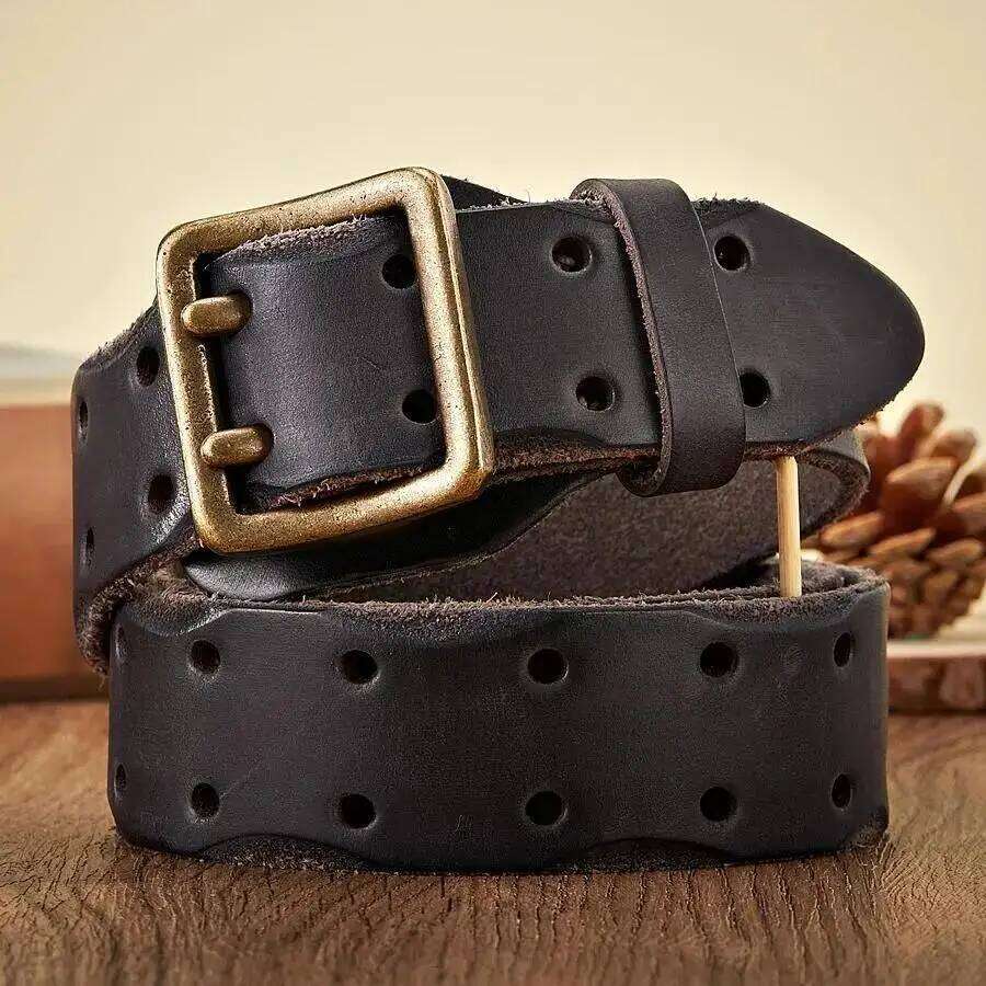 Thick Original Vintage Men Wide Male Cowhide Real Genuine Leather Double Prong Buckle Strap Cowboy Jeans Belt S260228