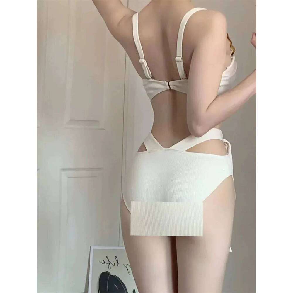 Sexy Korean Fashion Push Up Swimsuit One Piece Black and Beige with Waist Tie Hollow Bodysuits Bikinis Padded Swimwear Z260301