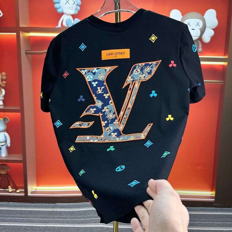 European And American Light Luxury High-End Embroidery Short Men's Trendy Brand Cool Round Neck Regular Shoulder T-Shirt Summer Fashion Casual Ha