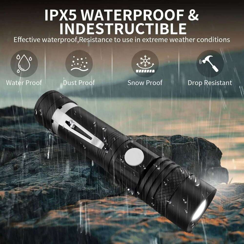 2000LM Bright T6 LED Flashlight,Portable Tactical Zoomable Defense Light with Clip, Outdoor Waterproof Torch for Fishing Camping Z260301