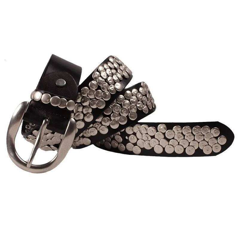 mens fashion punk gothic round rivets belts genuine leather studded belt black brown designer waistband women pin buckle strapon S260228