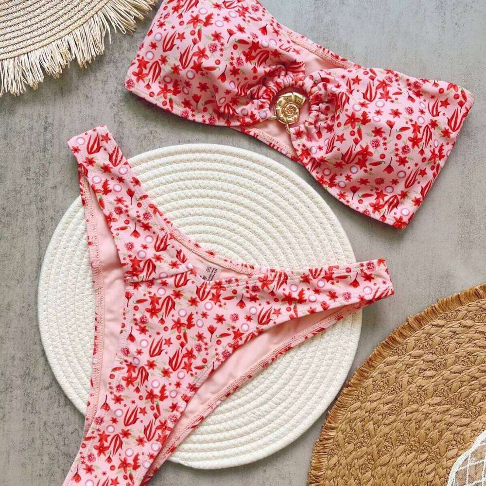 2025 New Sexy Flowers Print Thong Strapless Women Swimwear Female Swimsuit 2 Pcs Bikini Set Bather Bathing Suit Beachwear Z260301