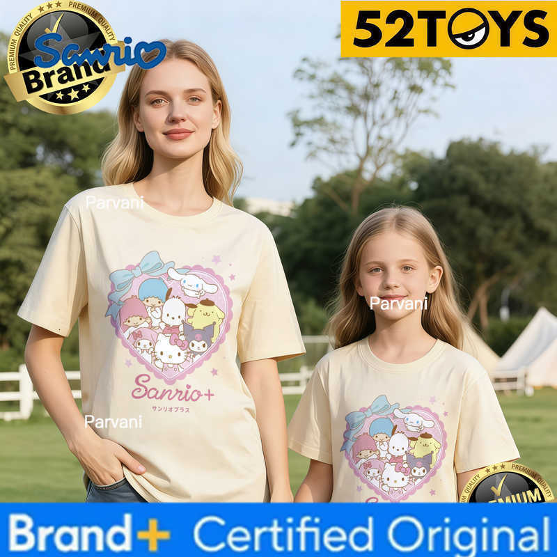 Sanrio 2026 Autumn-Winter Trending Heart Group Print 100 Cotton Parent-Child T-Shirts High Quality Loose Casual Clothing Y2K H260302