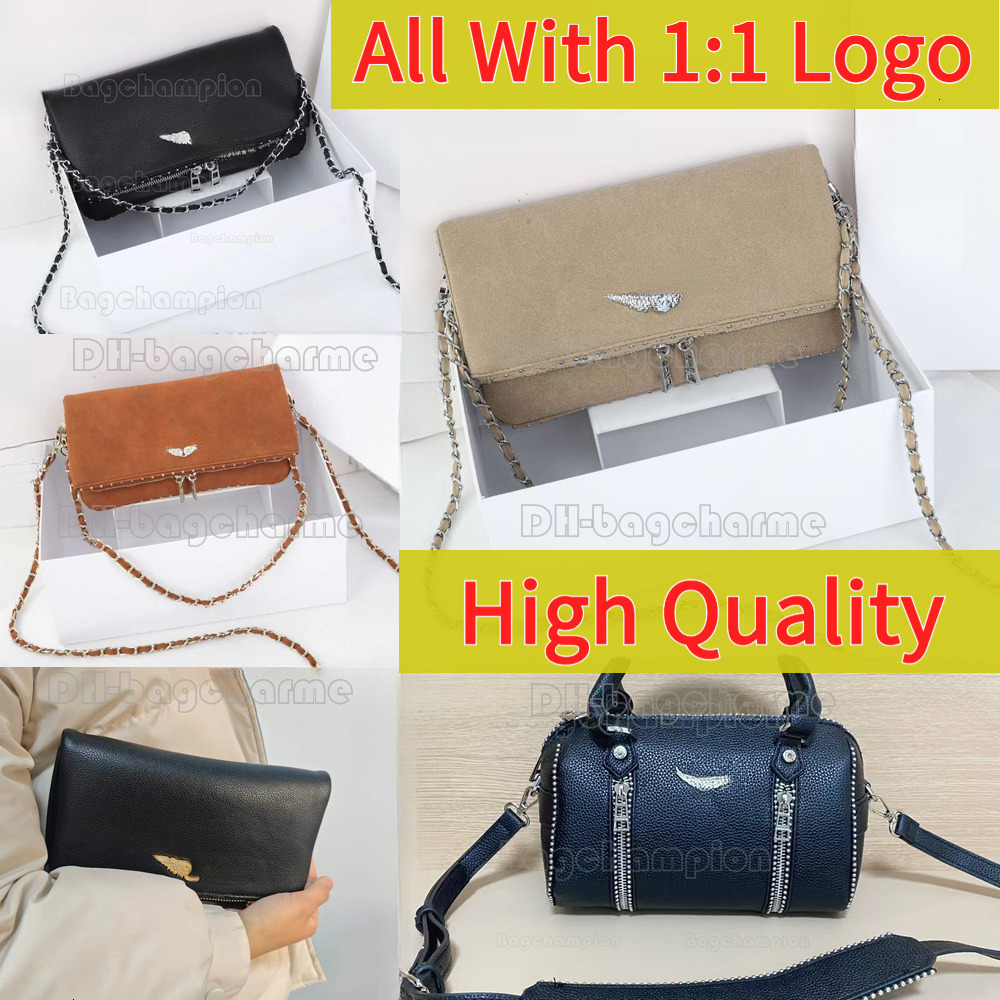 Designer wallet woman brown suede nail shoulder ZV rock clutch bags rockstud bag zadigg handbag double wings black leather purses H quality versatile pochette 31