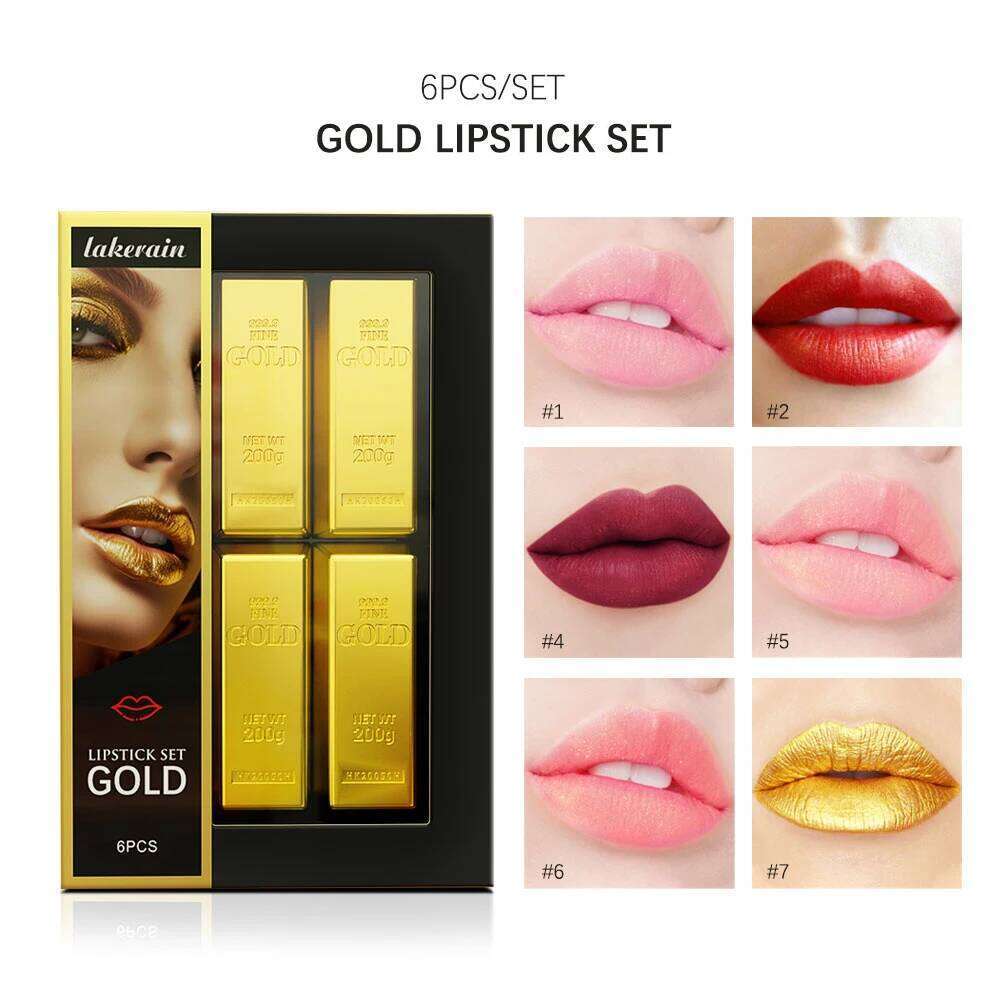 6pcs Matt Lipstick Set Gold Brick Matte Red Pink Waterproof Long Lasting Lip Tint Girl Lipsticks for Girls Woman Pack H260302