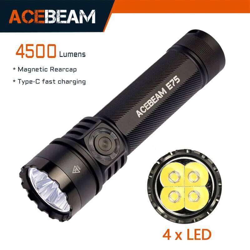 ACEBEAM E75 Quad-Core LED Flashlight USB C Rechargeable Torch With 21700 Battery 4500LM 260M Flashlights Powerful Defense Strobe Z260301