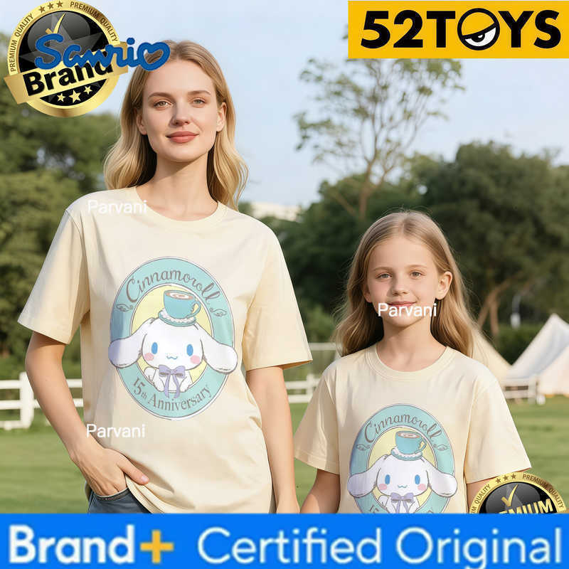 Sanrio 2026 Autumn-Winter Trending Cinnamoroll 15th Anniversary Tea Print 100 Cotton Parent-Child T-Shirts High Quality Loose Casual H260302