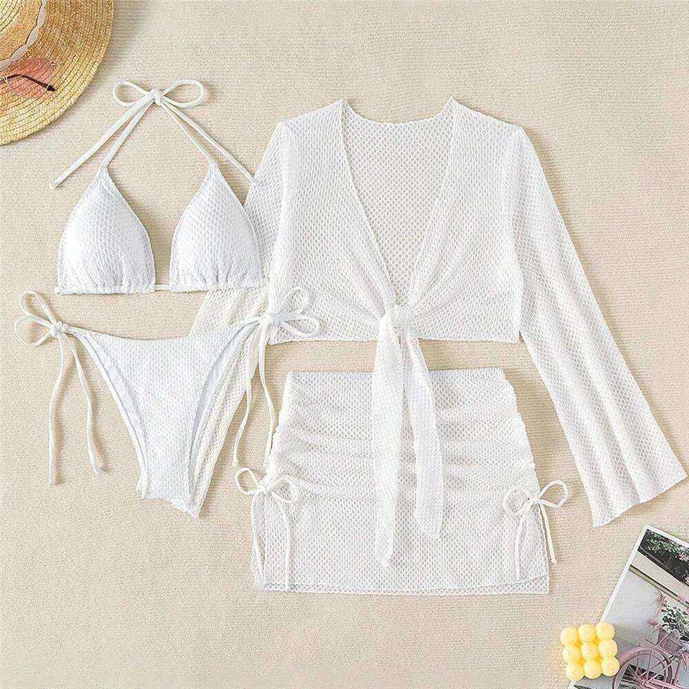 Solid White Mesh Cover Up 4 Piece Bikinis Set Swimwear Sexy Swimsuit Women Bather Halter String Triangle Micro Bikini Thong 2025 Z260301