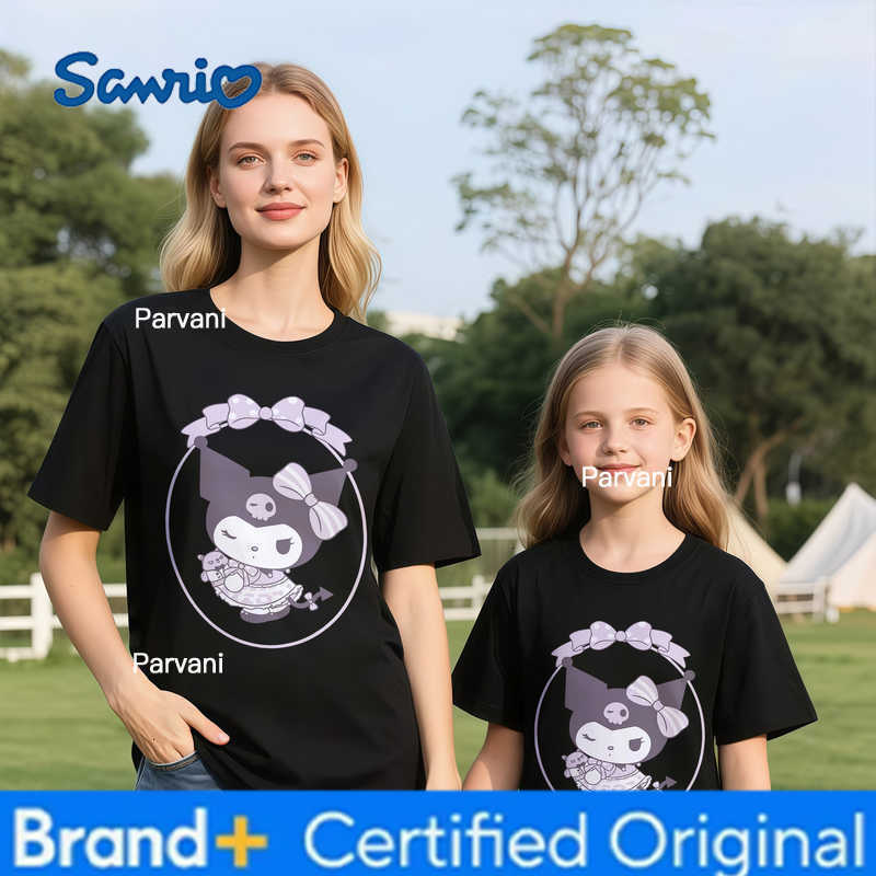 Sanrio 2026 Summer Kuromi Retro High-Quality 100 Cotton Mens T-shirt Oversized Cute Bow Wreath Print Top Unisex Family Matching H260302