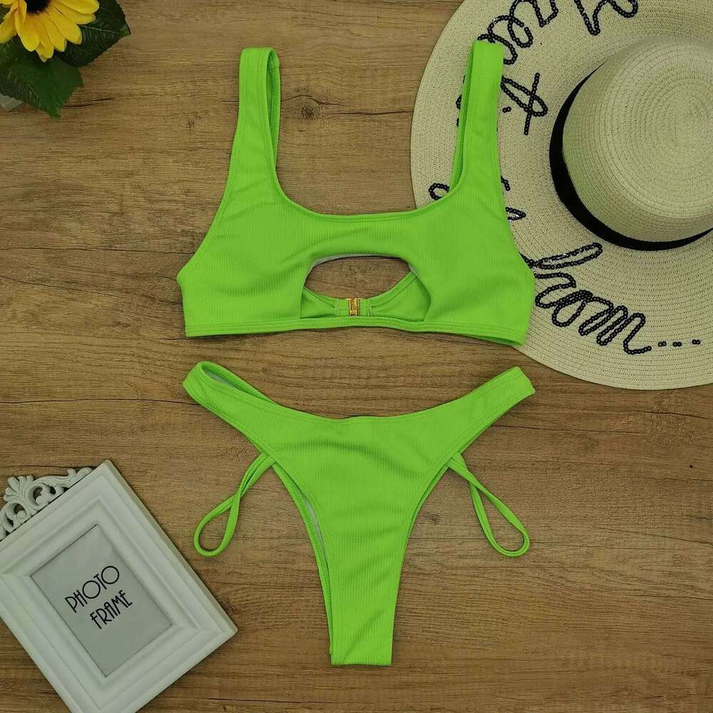 Micro 2022 Sexy Swimsuit Female Rib Bikini Set Push Up Women Swimwear Brazilian Biquini Cut Out Neon Bathing Suit Z260301