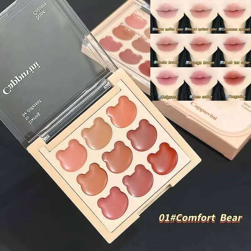 9Color Bear Lipstick Palette Mud Matte Sweet Warm Colors Cheeks Blush Non-stick Cup Lip Gloss Facial Beauty Cosmetic Makeup H260302