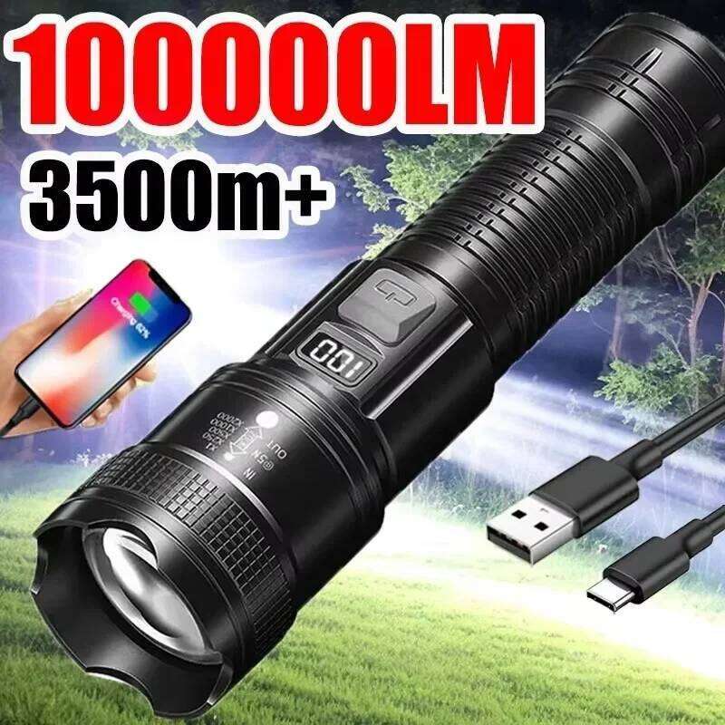 100000LM High Strong Power Led Flashlights Tactical Torch with Display Light USB Charging Camping Fishing Emergency Zoom Lantern Z260301
