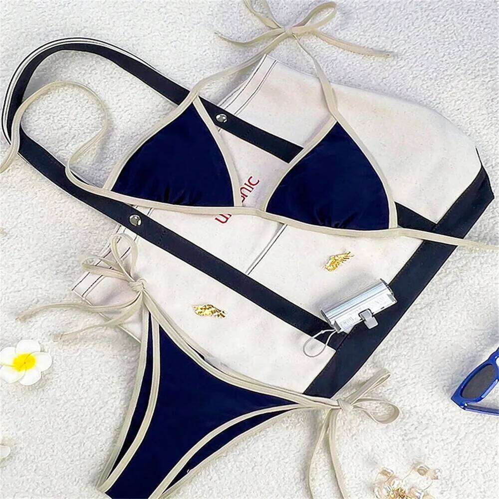 Vintage Blue Bikinis Set Triangle Border String Swimsuit Push Up Swimwear Backless Extrem Bikini Women Beach Outfit Bathing Suit Z260301