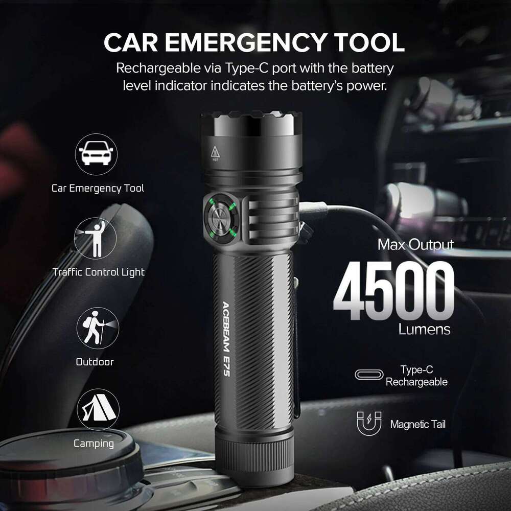 ACEBEAM E75 Quad-Core LED Flashlight USB C Rechargeable Torch With 21700 Battery 4500LM 260M Flashlights Powerful Defense Strobe Z260301