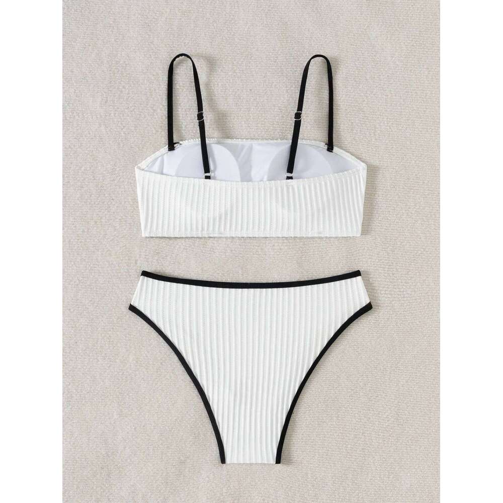 2025 Rib Piping Bandeau High-Rise Bottoms Bikini Set Trendy Beachwear Straight Neckline High Rise Swimwear Swimsuit Bathing Suit Z260301