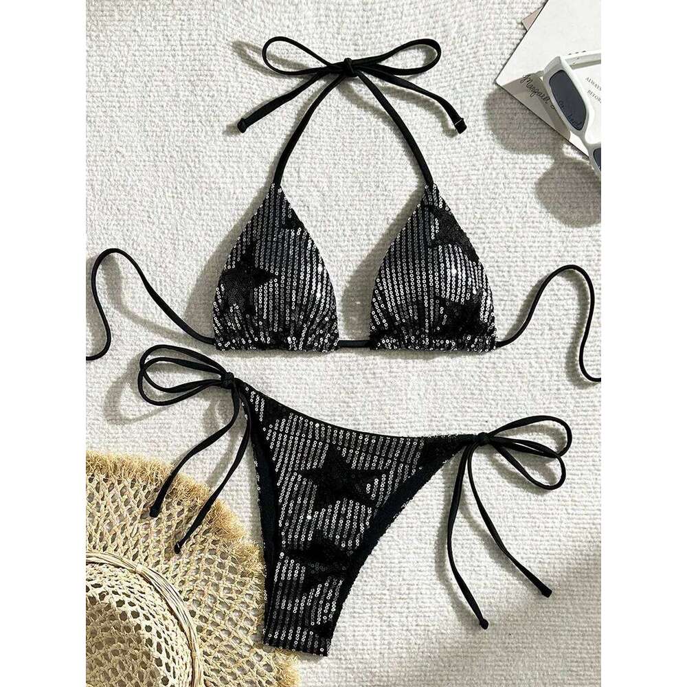 Halter Shiny Star Sequins 2025 Women Swimsuit Female Swimwear Two Pieces Bikini Set Brazilian Bathing Suit Swim Beachwear Z260301