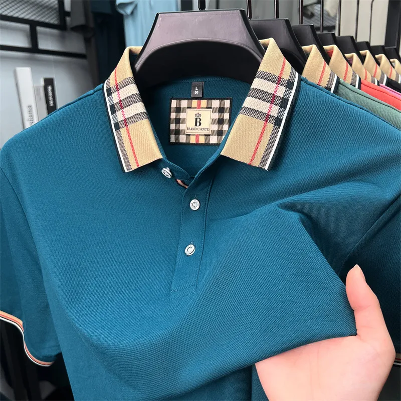 Men's Luxury Silk Cotton Polo Shirt - Summer Short Sleeve Plaid Lapel Casual Business Fashion Top