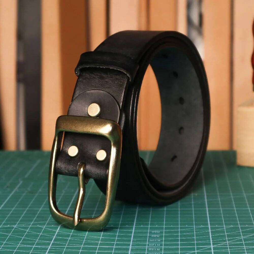 Fashion Vintage Hard-Hitting Men's Belt with Brass Buckle in American Style, 3.8cm Wide, Made of Top-Grain Leather S260228