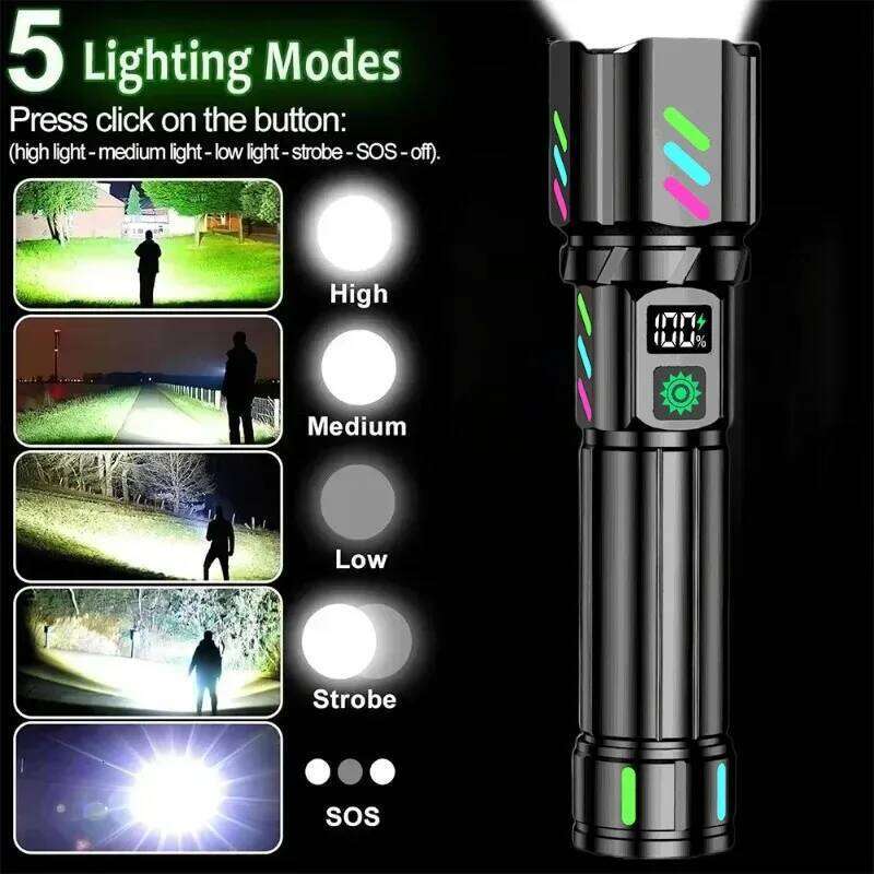 High Power LED Long Range Flashlight USB Rechargeable White Laser Zoomable Torch Light with Luminous Strips for Outdoor Camping Z260301