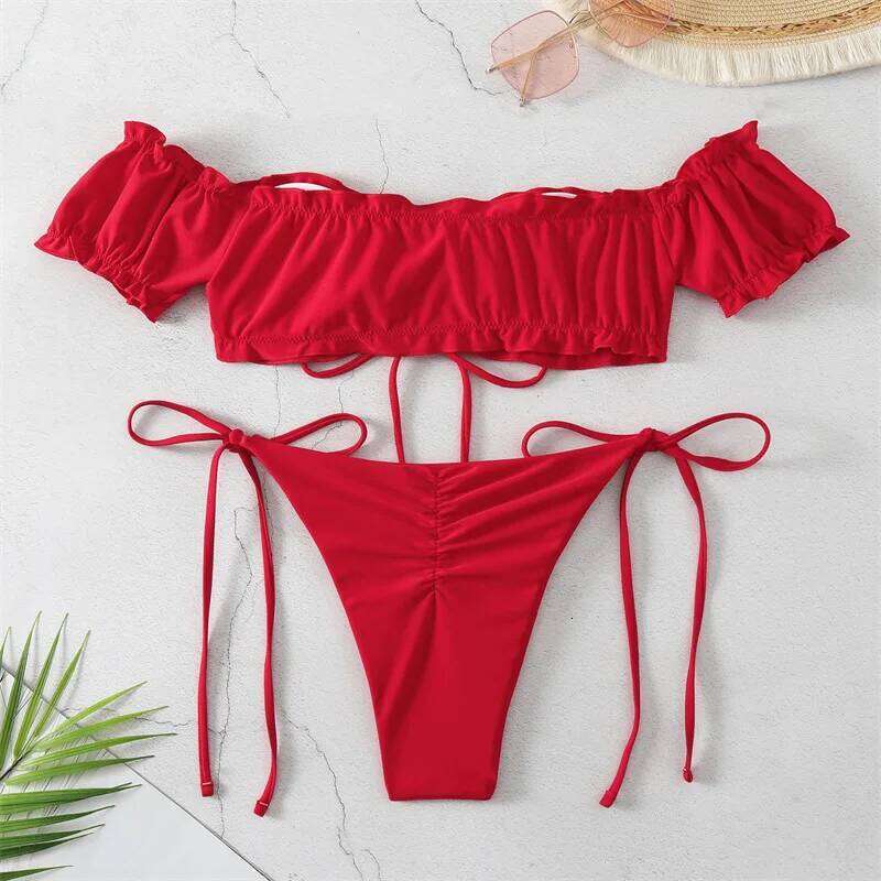 Sexy String Bikini 2024 Red Off Shoulder Swimsuit Female Swimwear Women Thong Bikinis Set Bather Swimming Beachwear Bathing Suit Z260301