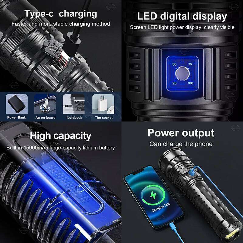 1000000LM High Power Rechargeable LED Flashlight Tactical Work Long Range 3000M Built-in 15000mAh Battery with Tail Light Z260301