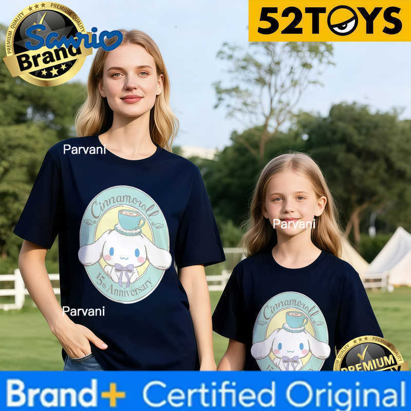 Sanrio 2026 Autumn-Winter Trending Cinnamoroll 15th Anniversary Tea Print 100 Cotton Parent-Child T-Shirts High Quality Loose Casual H260302