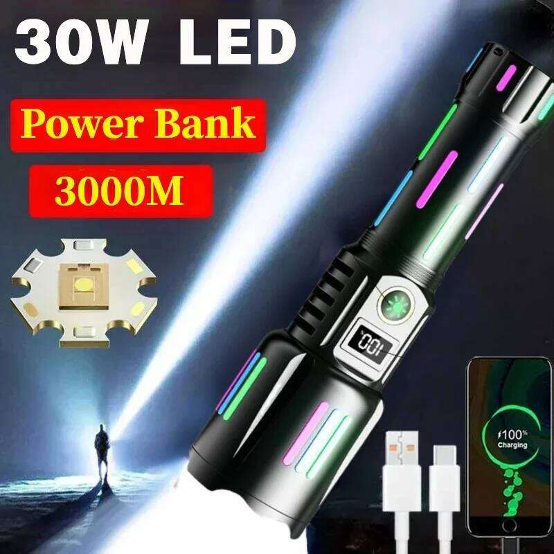 High Power Rechargeable Led Flashlight 3000M Waterproof Zoom Long Range Torch Light with Luminous Strips for Outdoor Camping Z260301