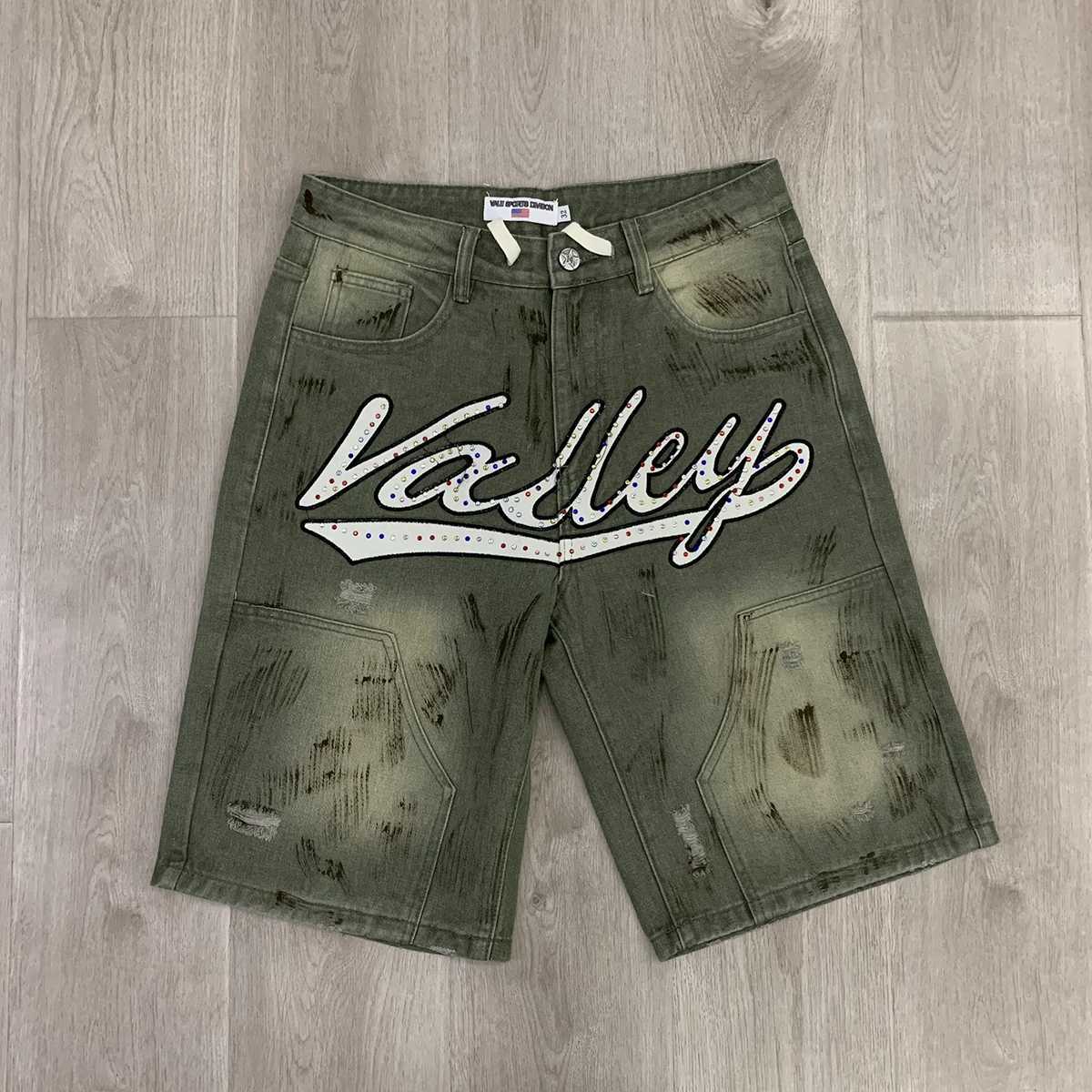 Color Rhinestone Shinning Baggy Jeans Shorts for Men Letter Embroidery Casual Denim Knee Length Pants Oversized Summer Short C260302