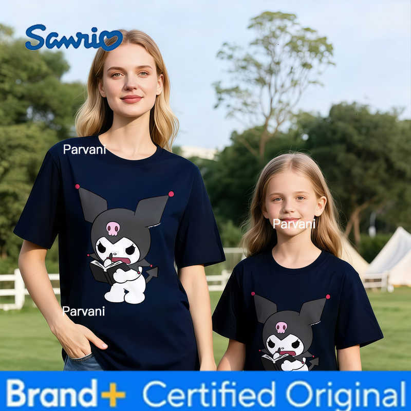 Sanrio 2026 Summer Kuromi Retro High-Quality 100 Cotton Mens T-shirt Oversized Cute Reading Print Top Unisex Family Matching Y2k H260302