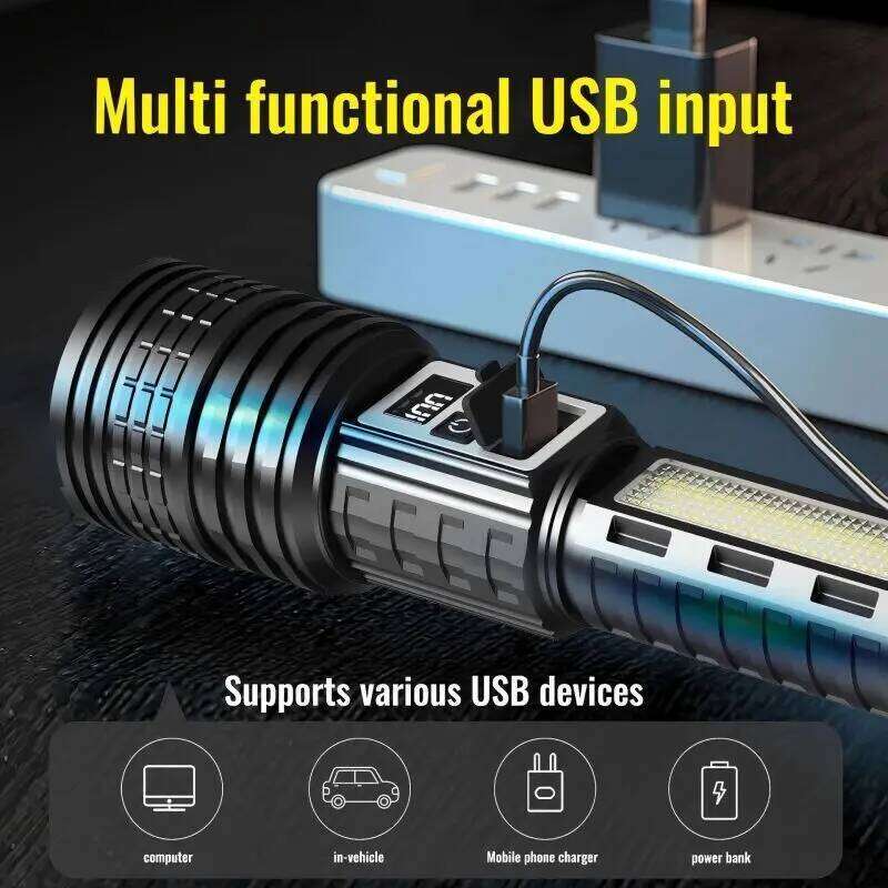 Zoom USB Rechargeable Digital Display Multiple Modes with Side LED Portable Flashlight for Emergency,Outdoor,Car Use Z260301