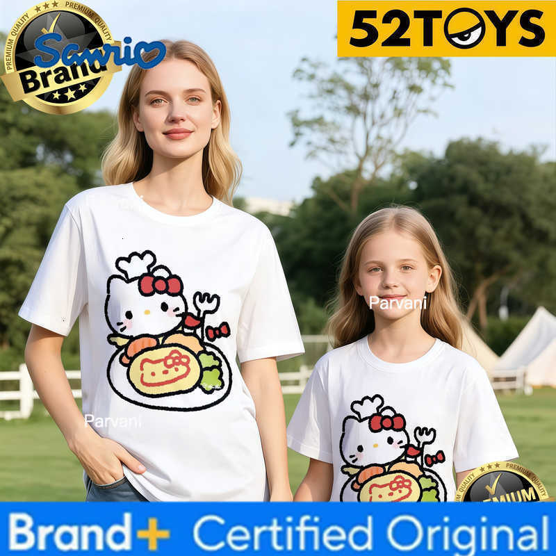 Sanrio 2026 Autumn-Winter Trending Hello Kitty Chef Print 100 Cotton Parent-Child T-Shirts High Quality Loose Casual Clothing Y2k H260302