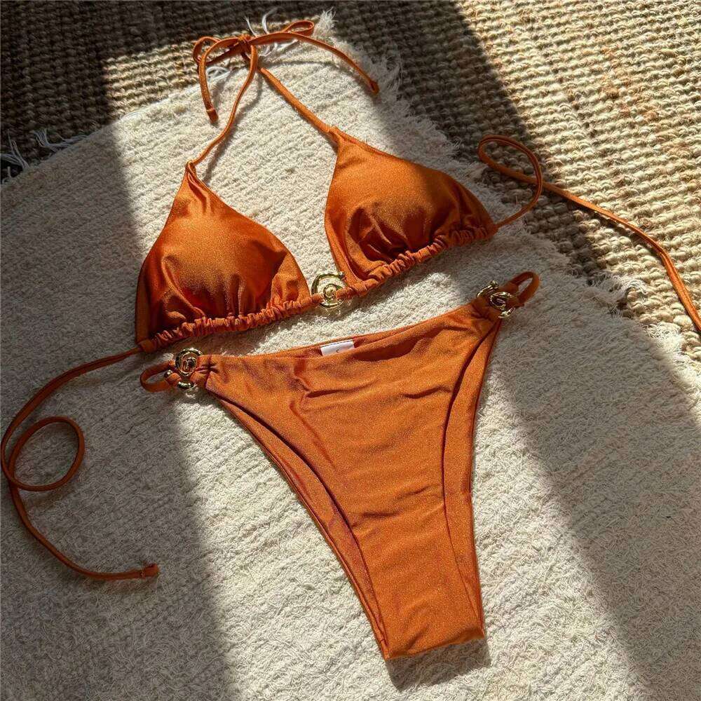 Solid Orange Swimwear Metal Ring String Halter Triangle Micro Bikini Thong Sexy Swimsuit Women 2026 Bathing Suit Bikinis Sets Z260301