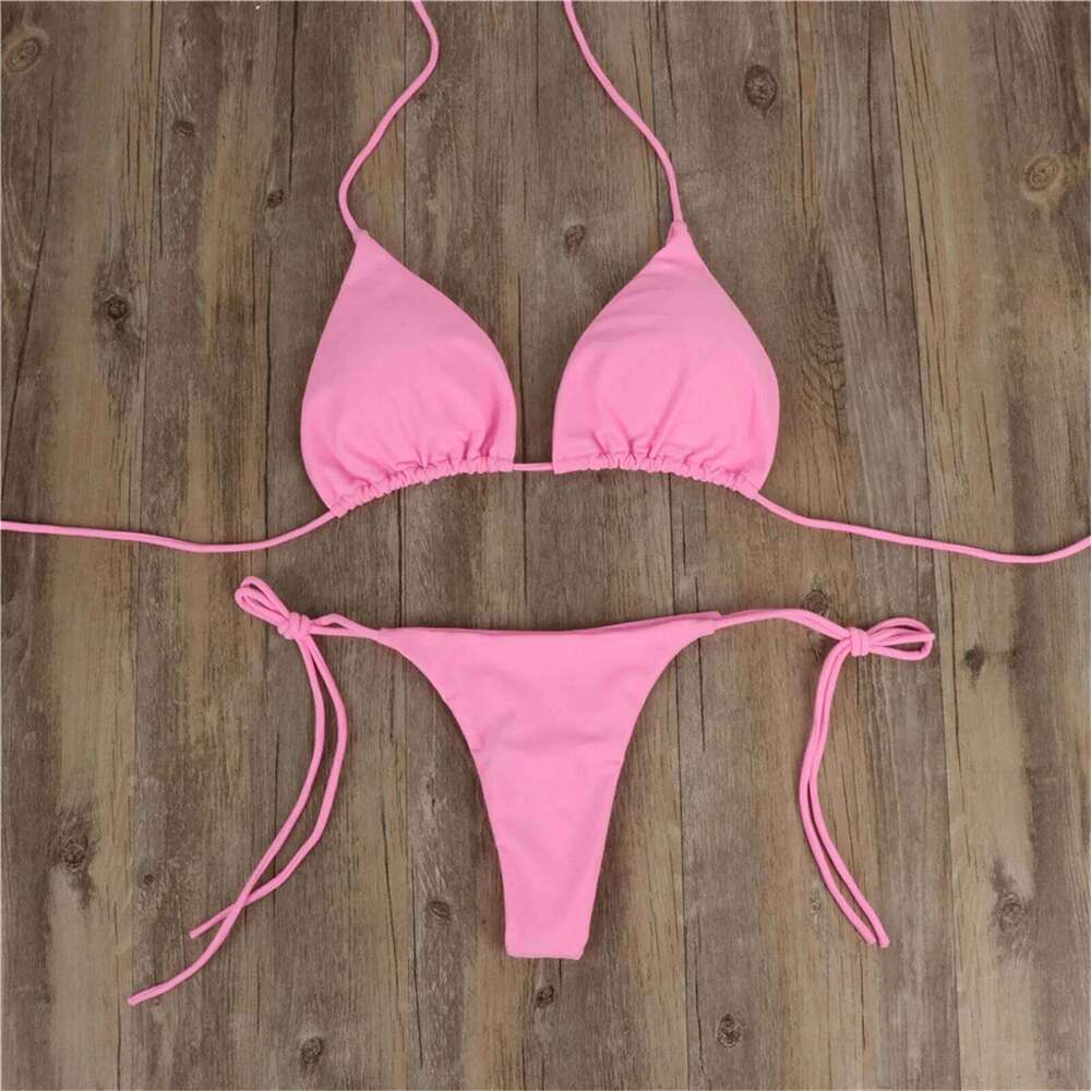 Bandage Bikini Set 2pcs Pink Swimsuit Sexy Push Upbra Thong Brazilian Swimwear Summer Solid Beachwear For Women Z260301