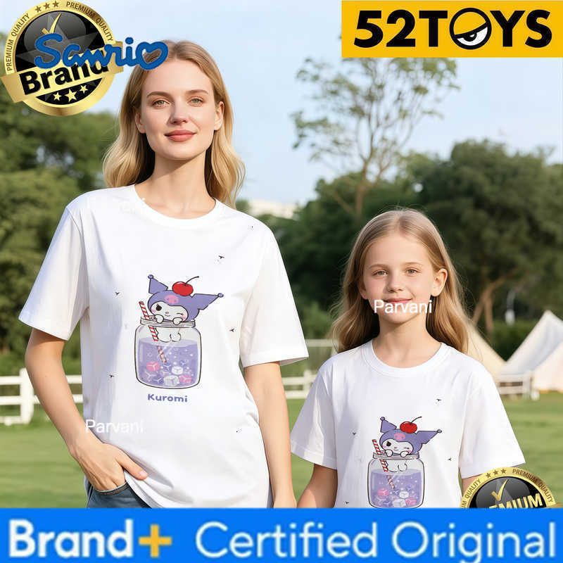 Sanrio 2026 Summer Family Must-Have 52TOYS Kuromi Drink Jar Print T-Shirts 100 Cotton High Quality Parent-Child Tees Single Piece Y2k H260302
