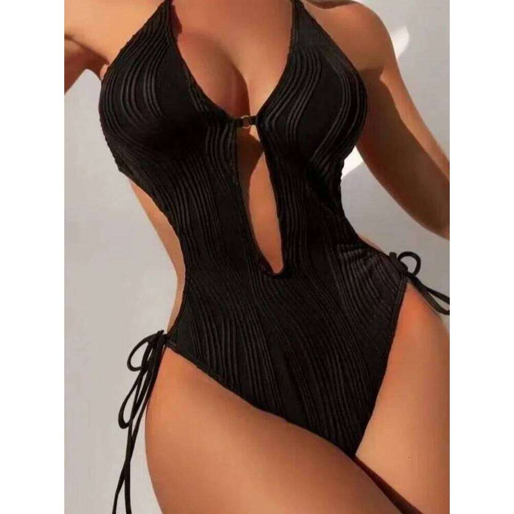 2026 Sexy Women's Solid Color One Piece Bikini Backless Hollow Out Halter Neck Swimsuit with Ties Slimming Monokini Bodysuit Top Z260301